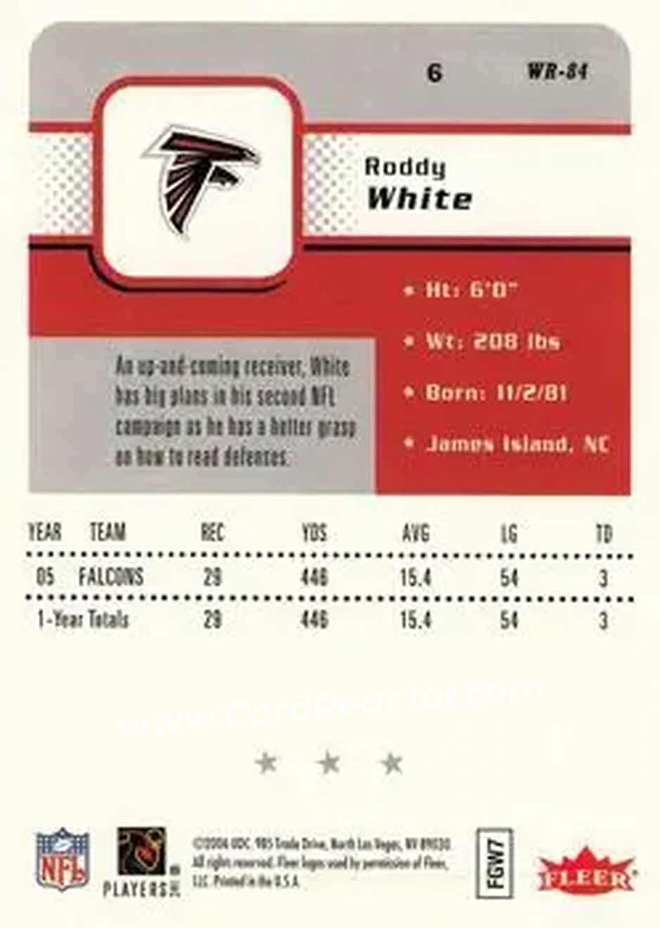 2006 Fleer #6 - Roddy White - Atlanta Falcons - Back