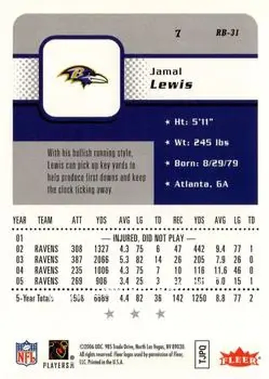 2006 Fleer #7 - Jamal Lewis - Baltimore Ravens - Back