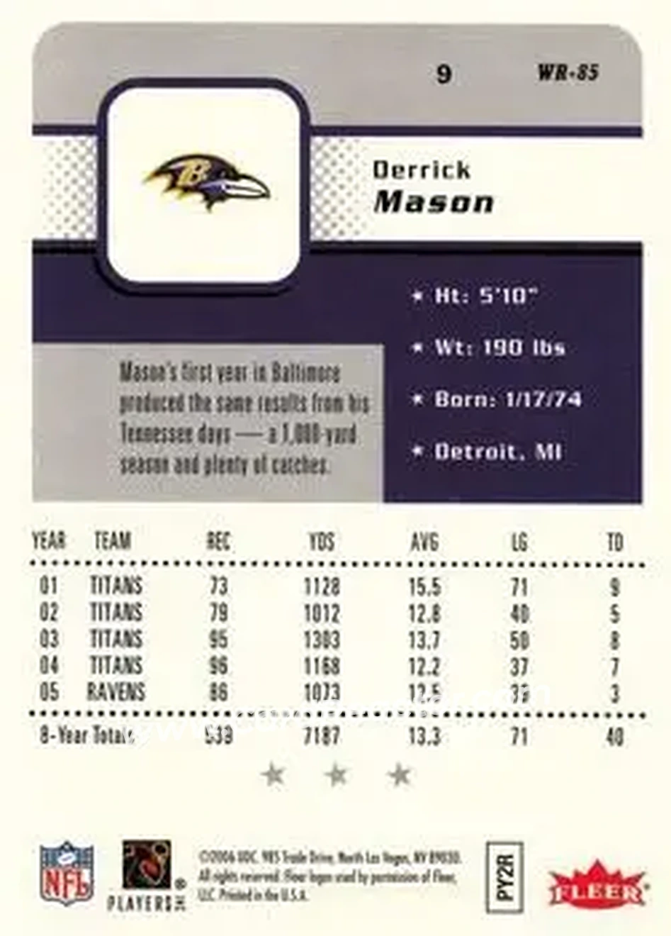 2006 Fleer #9 - Derrick Mason - Baltimore Ravens - Back