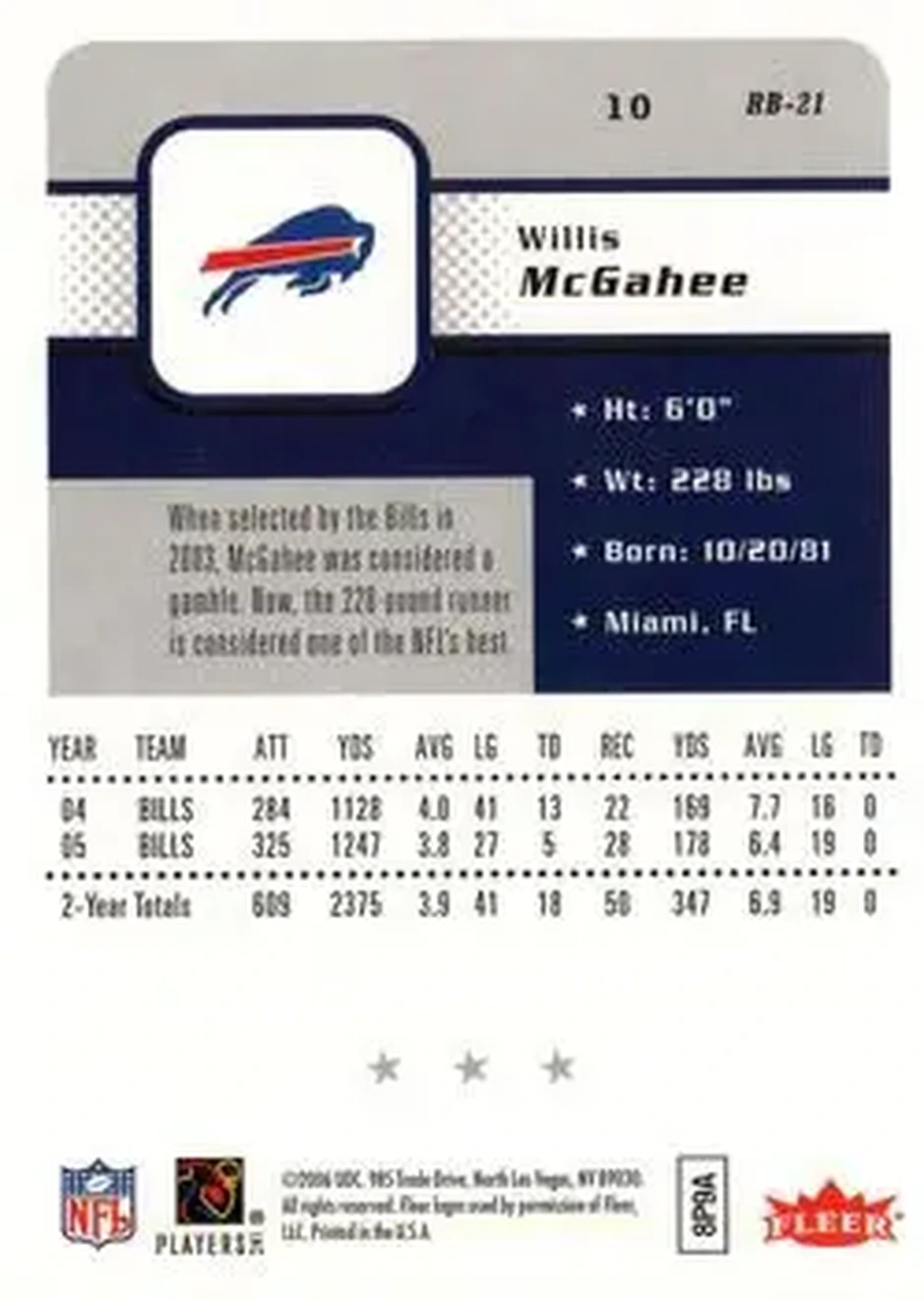 2006 Fleer #10 - Willis McGahee - Buffalo Bills - Back