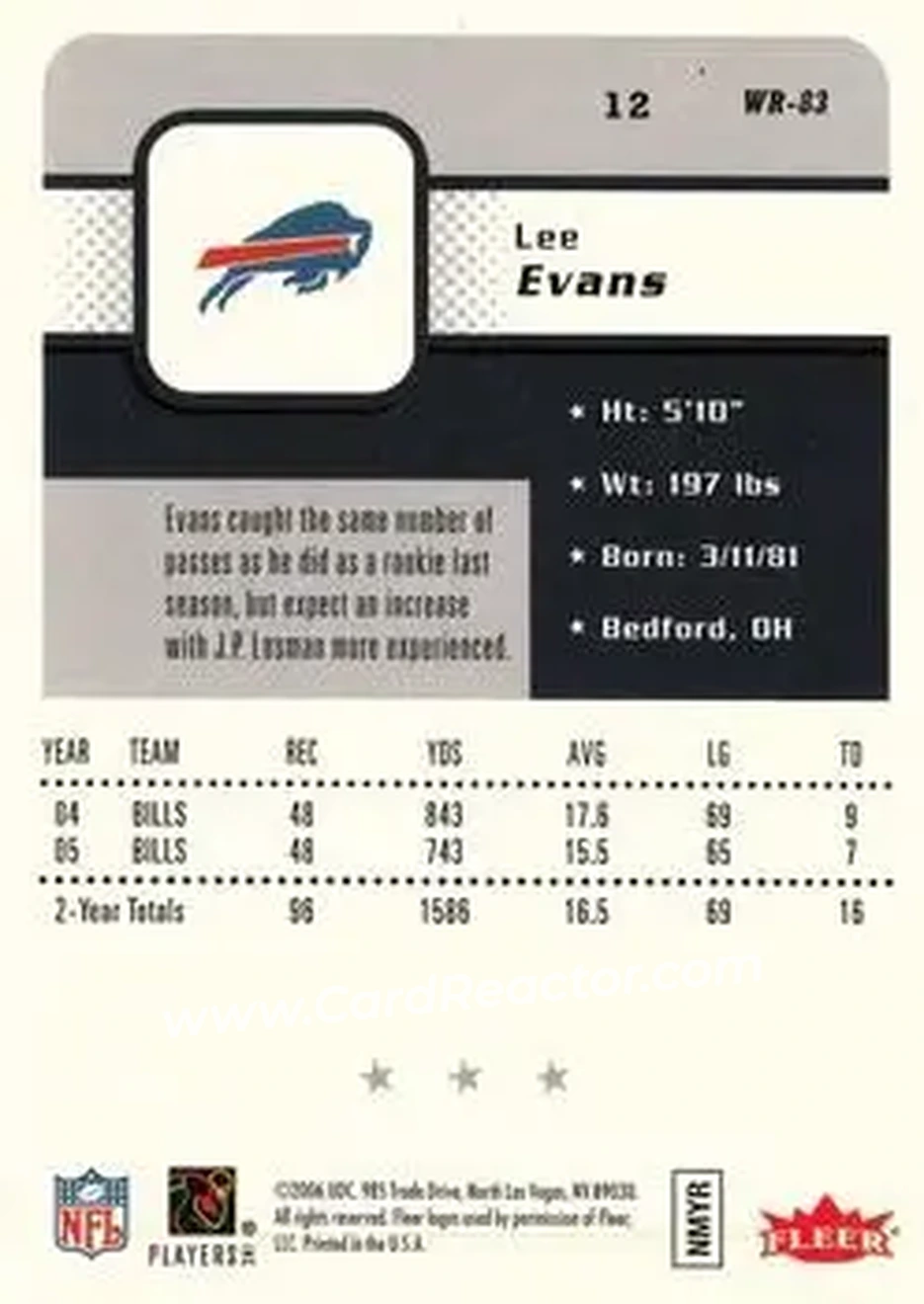 2006 Fleer #12 - Lee Evans - Buffalo Bills - Back