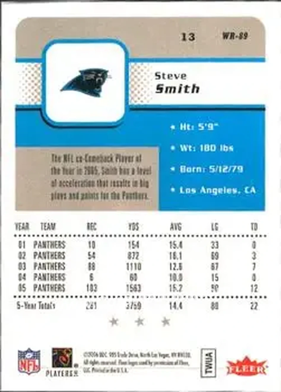 2006 Fleer #13 - Steve Smith Sr. - Carolina Panthers - Back