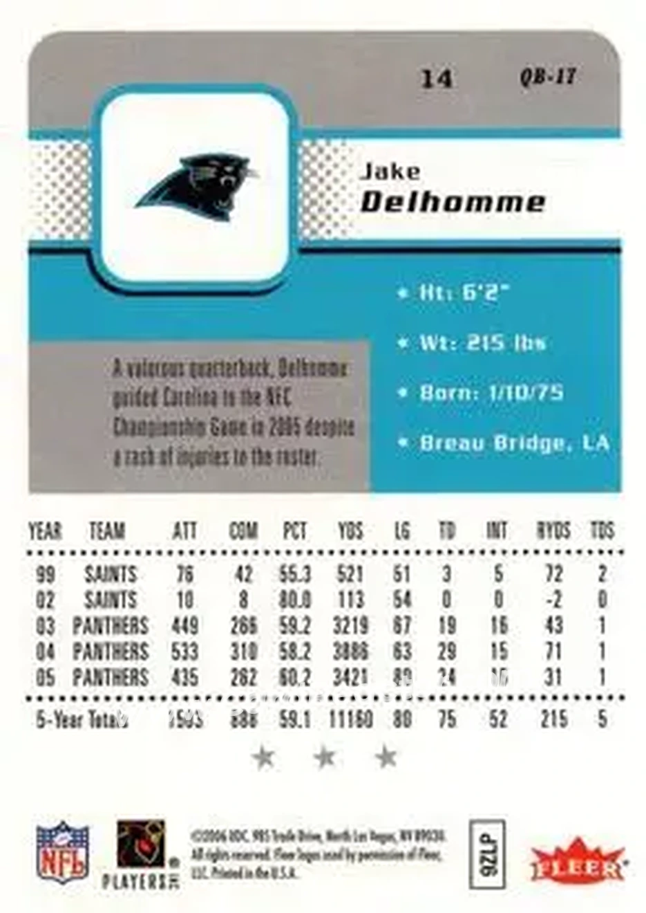 2006 Fleer #14 - Jake Delhomme - Carolina Panthers - Back