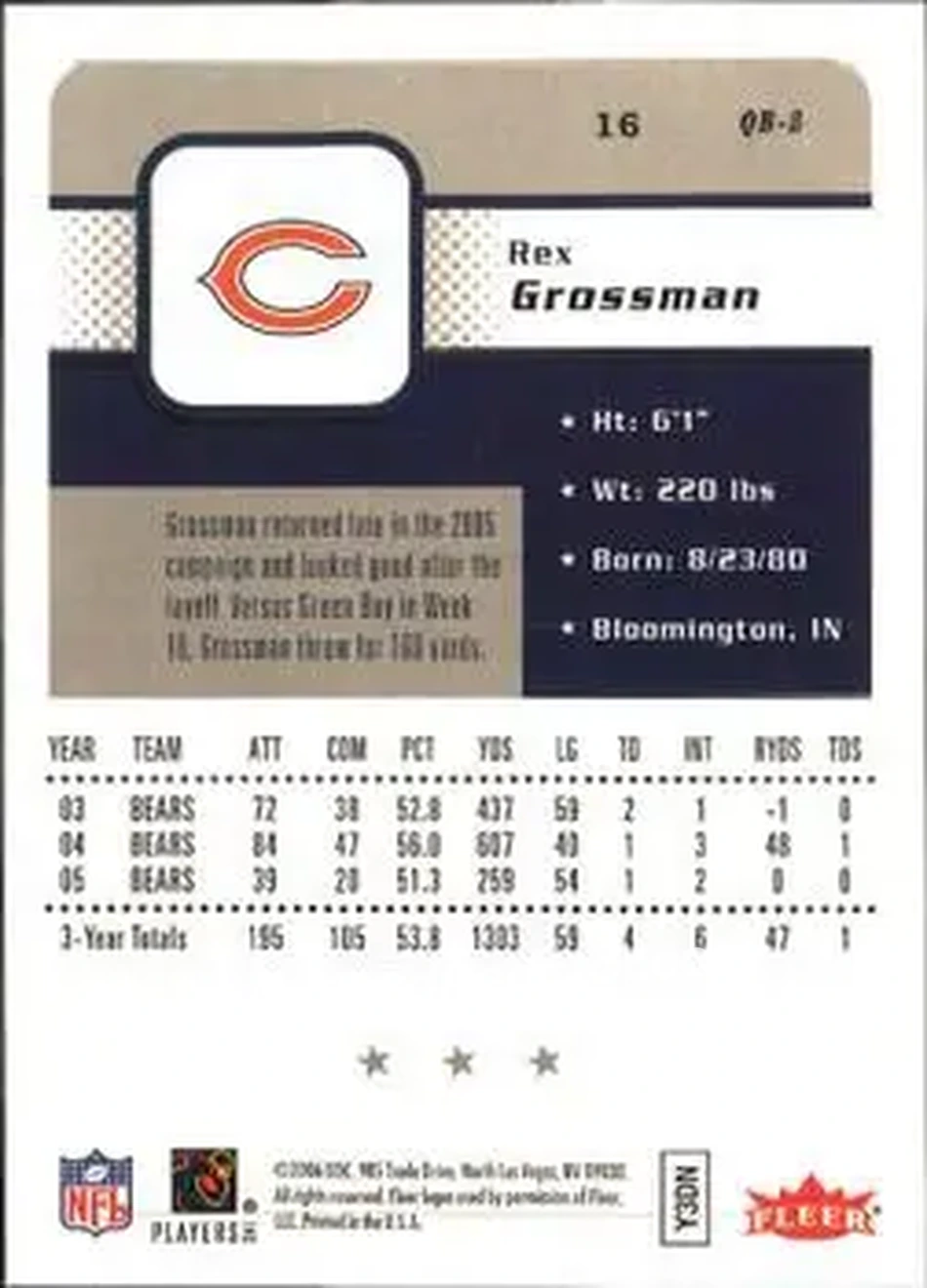 2006 Fleer #16 - Rex Grossman - Chicago Bears - Back