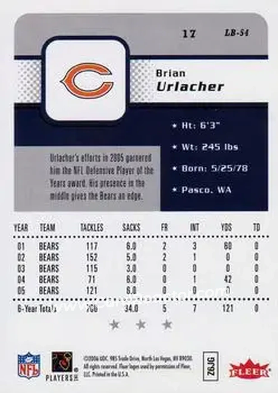 2006 Fleer #17 - Brian Urlacher - Chicago Bears - Back