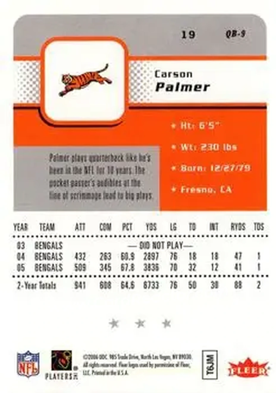 2006 Fleer #19 - Carson Palmer - Cincinnati Bengals - Back