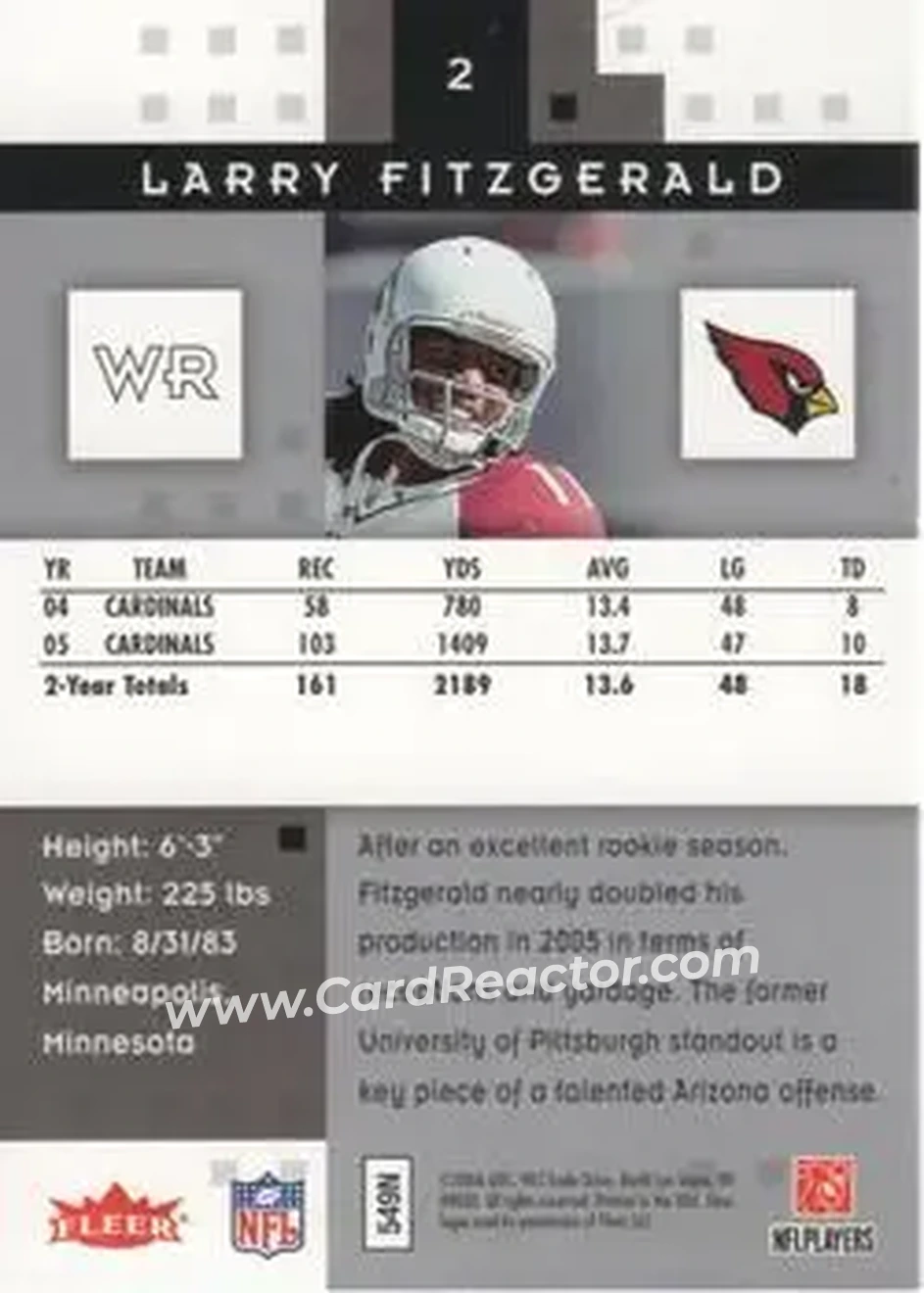 2006 Fleer Hot Prospects #2 - Larry Fitzgerald - Arizona Cardinals - Back 2006 Fleer Hot Prospects #2 - Larry Fitzgerald - Arizona Cardinals - Back