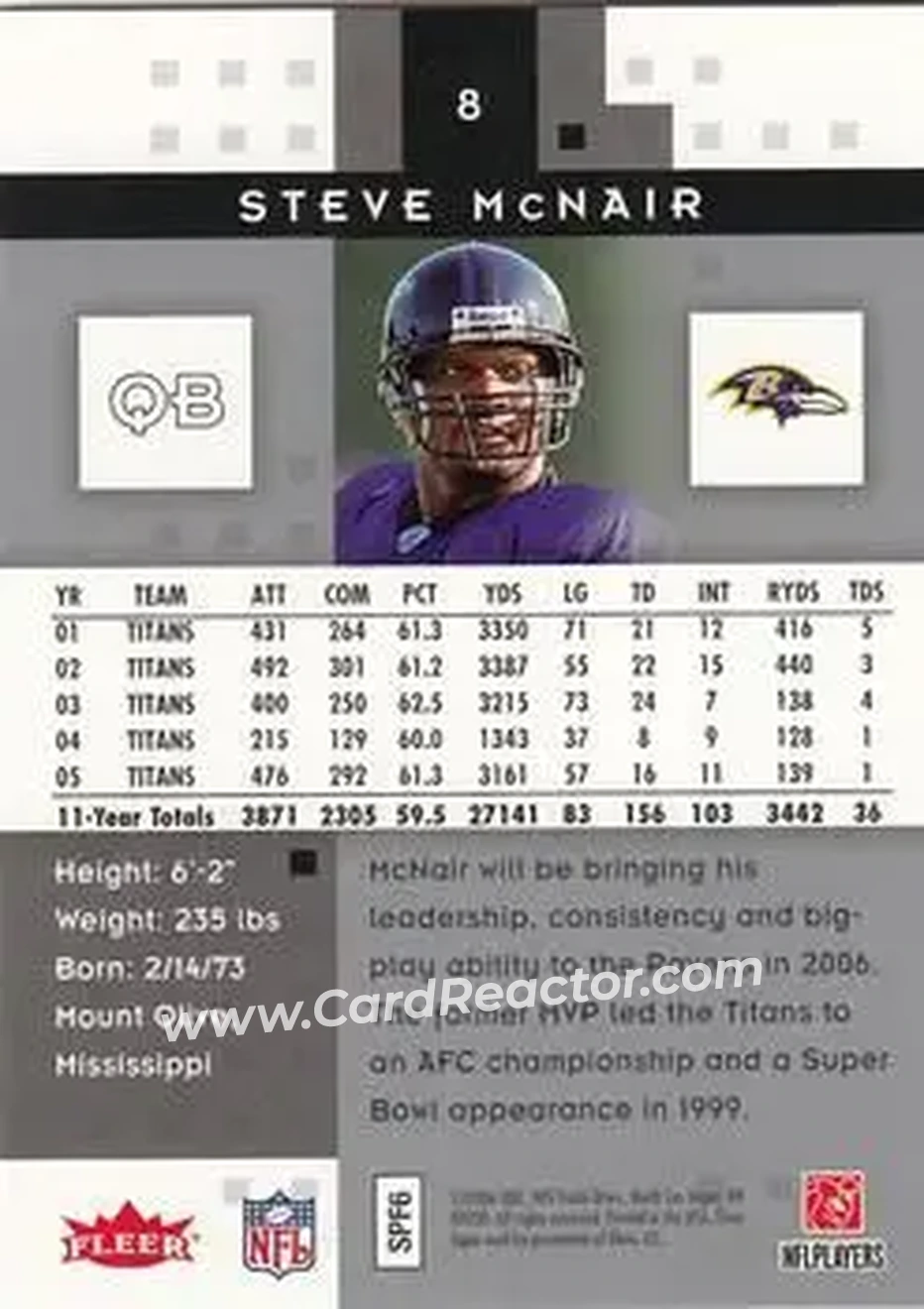 2006 Fleer Hot Prospects #8 - Steve McNair - Baltimore Ravens - Back