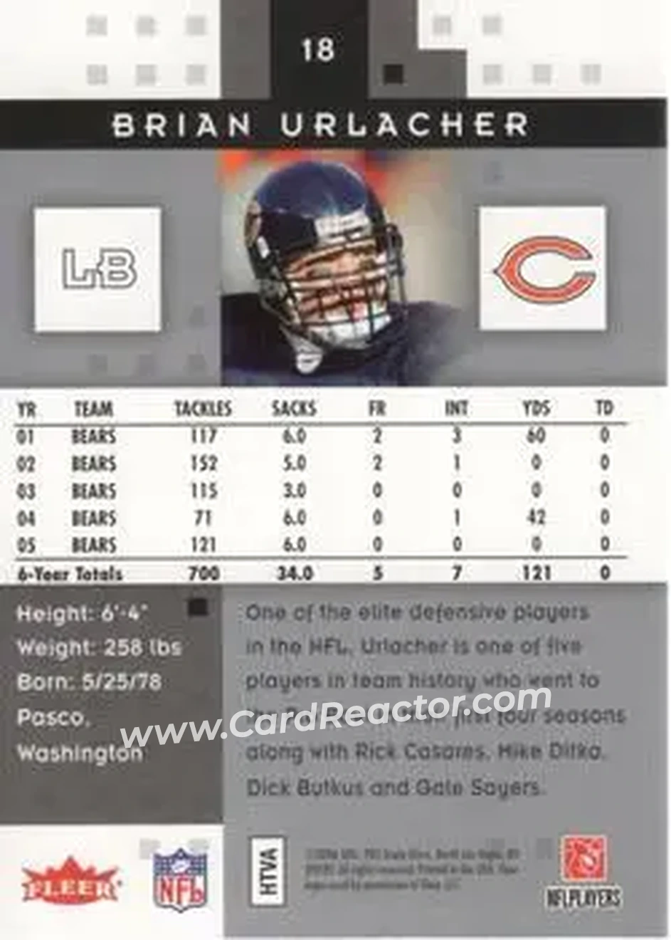 2006 Fleer Hot Prospects #18 - Brian Urlacher - Chicago Bears - Back 2006 Fleer Hot Prospects #18 - Brian Urlacher - Chicago Bears - Back