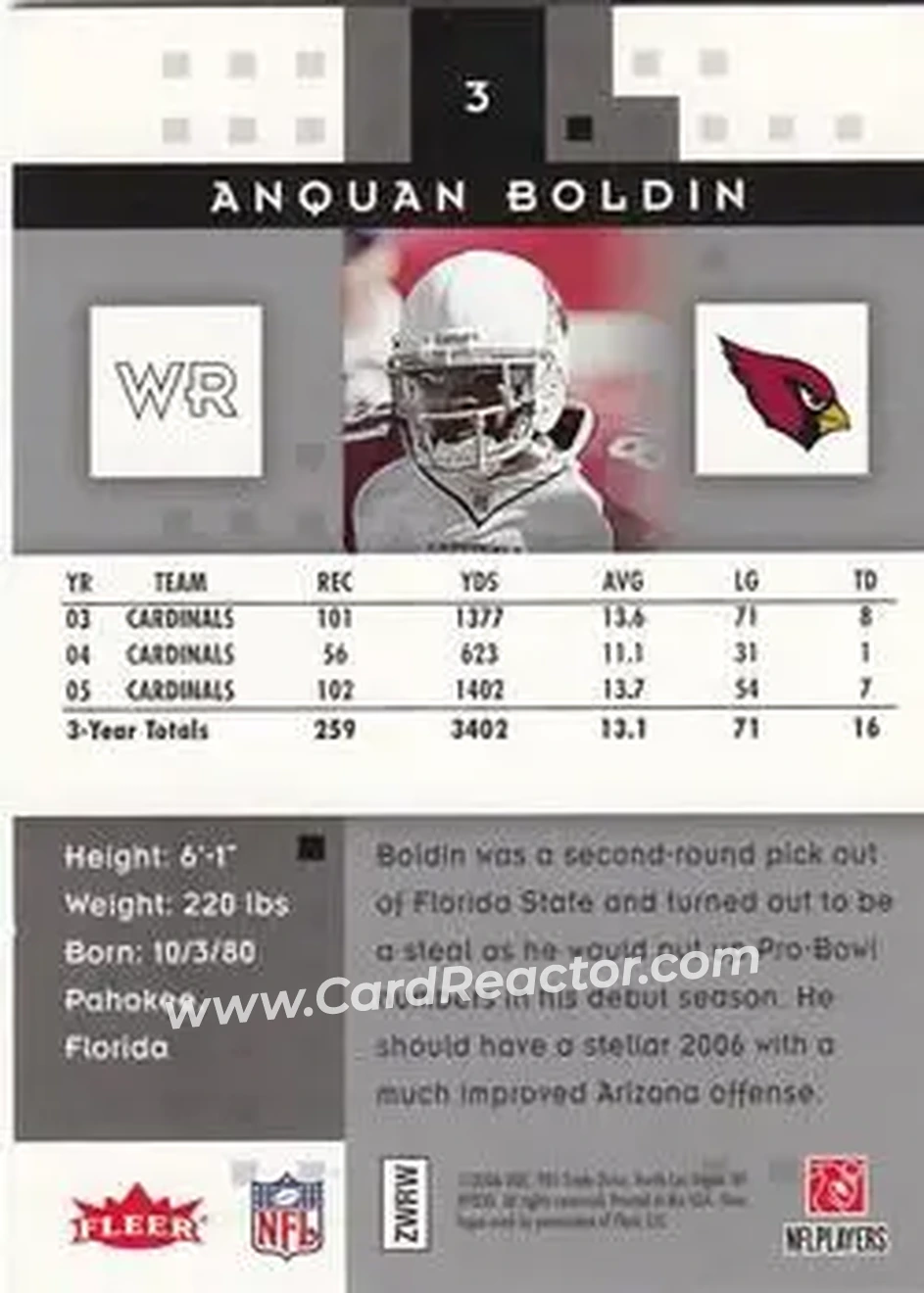 2006 Fleer Hot Prospects #3 - Anquan Boldin - Arizona Cardinals - Back