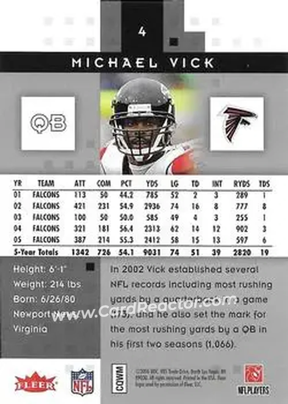 2006 Fleer Hot Prospects #4 - Michael Vick - Atlanta Falcons - Back