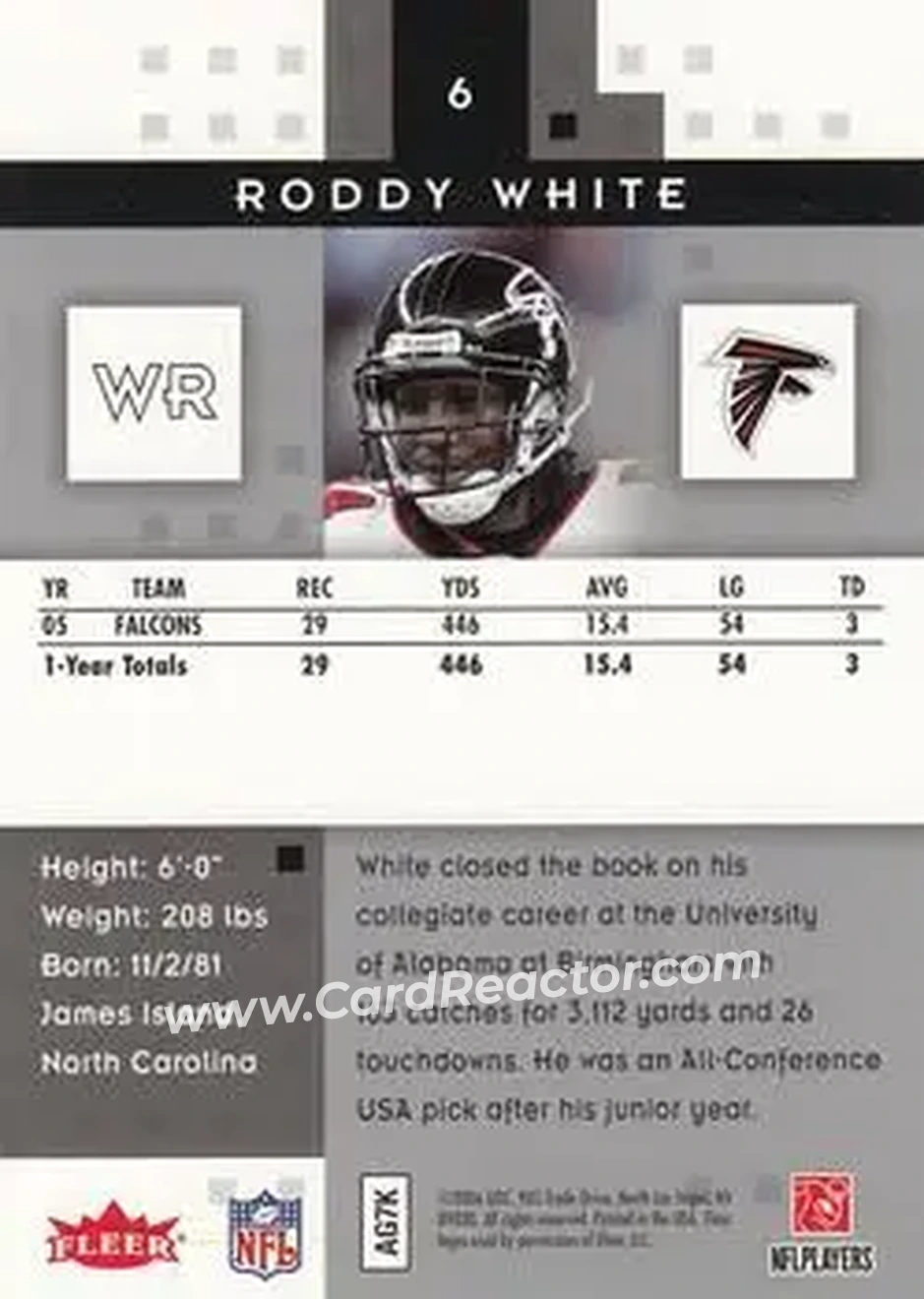 2006 Fleer Hot Prospects #6 - Roddy White - Atlanta Falcons - Back