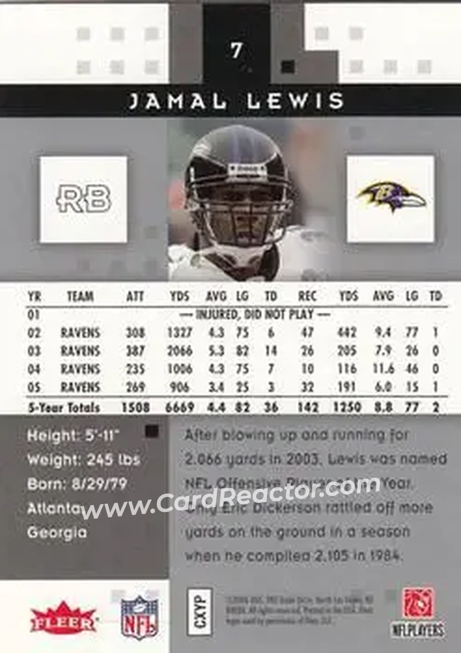 2006 Fleer Hot Prospects #7 - Jamal Lewis - Baltimore Ravens - Back