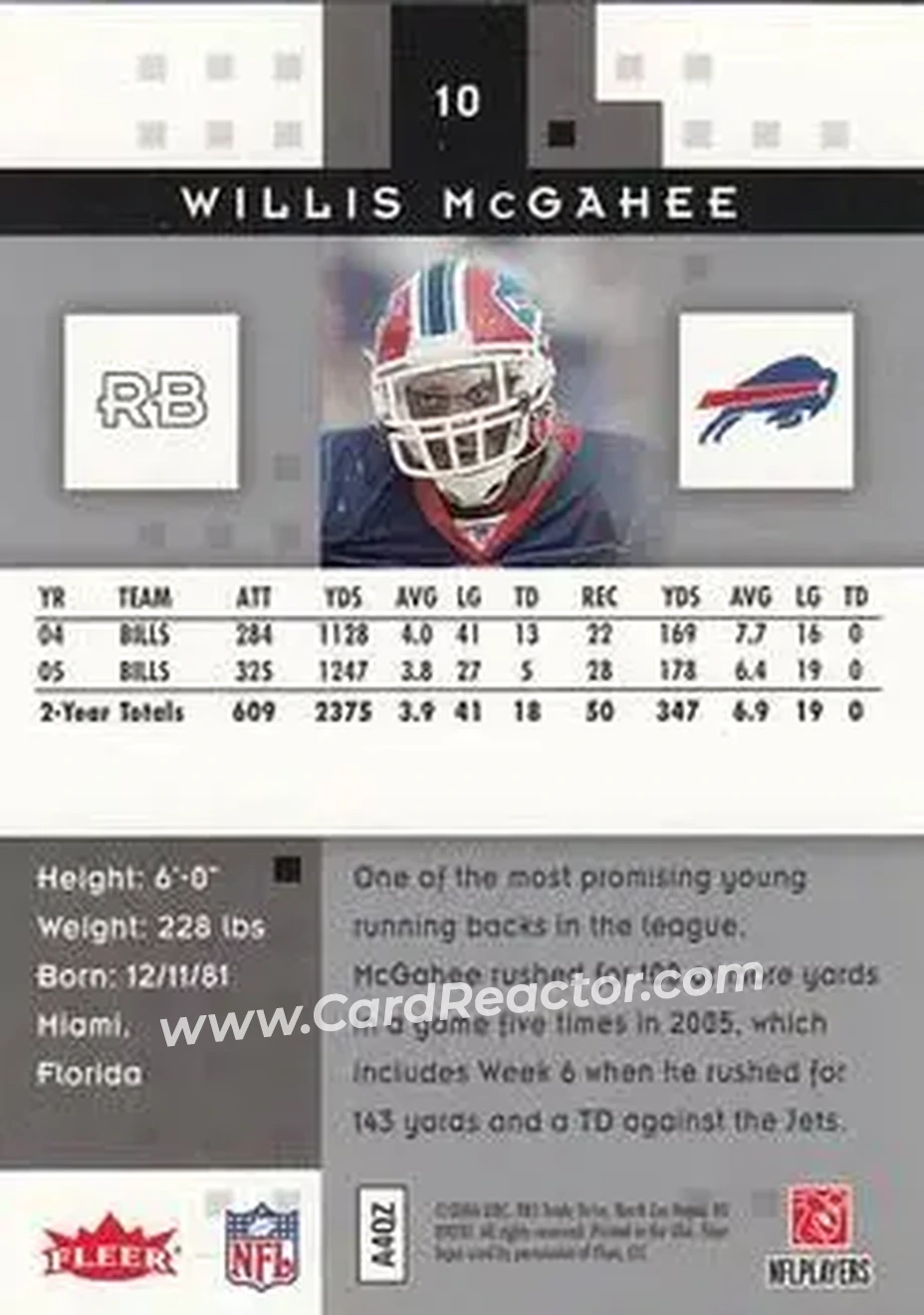 2006 Fleer Hot Prospects #10 - Willis McGahee - Buffalo Bills - Back