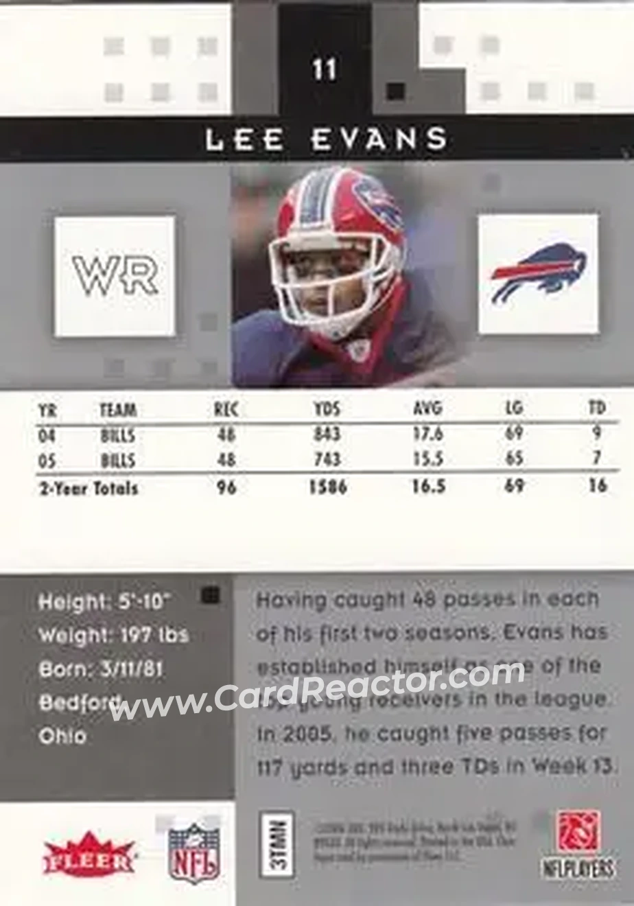 2006 Fleer Hot Prospects #11 - Lee Evans - Buffalo Bills - Back