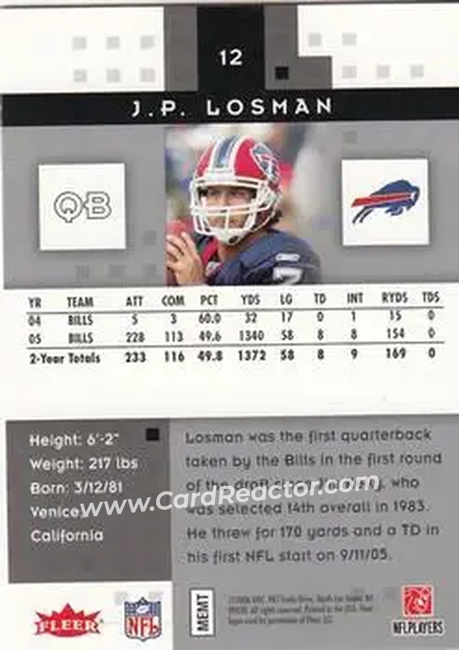 2006 Fleer Hot Prospects #12 - J.P. Losman - Buffalo Bills - Back