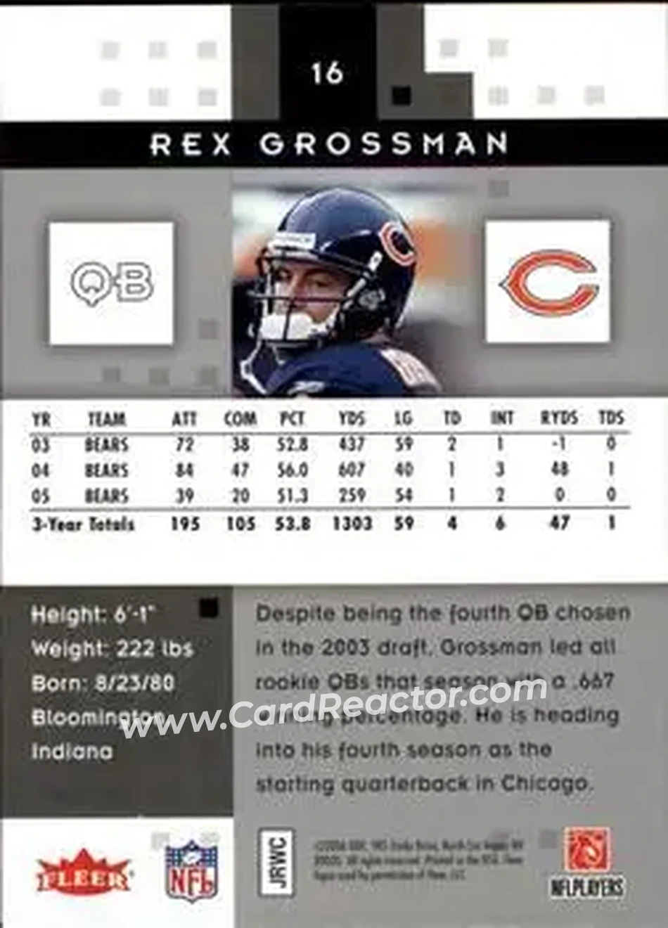 2006 Fleer Hot Prospects #16 - Rex Grossman - Chicago Bears - Back