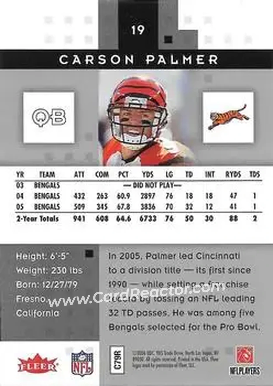 2006 Fleer Hot Prospects #19 - Carson Palmer - Cincinnati Bengals - Back