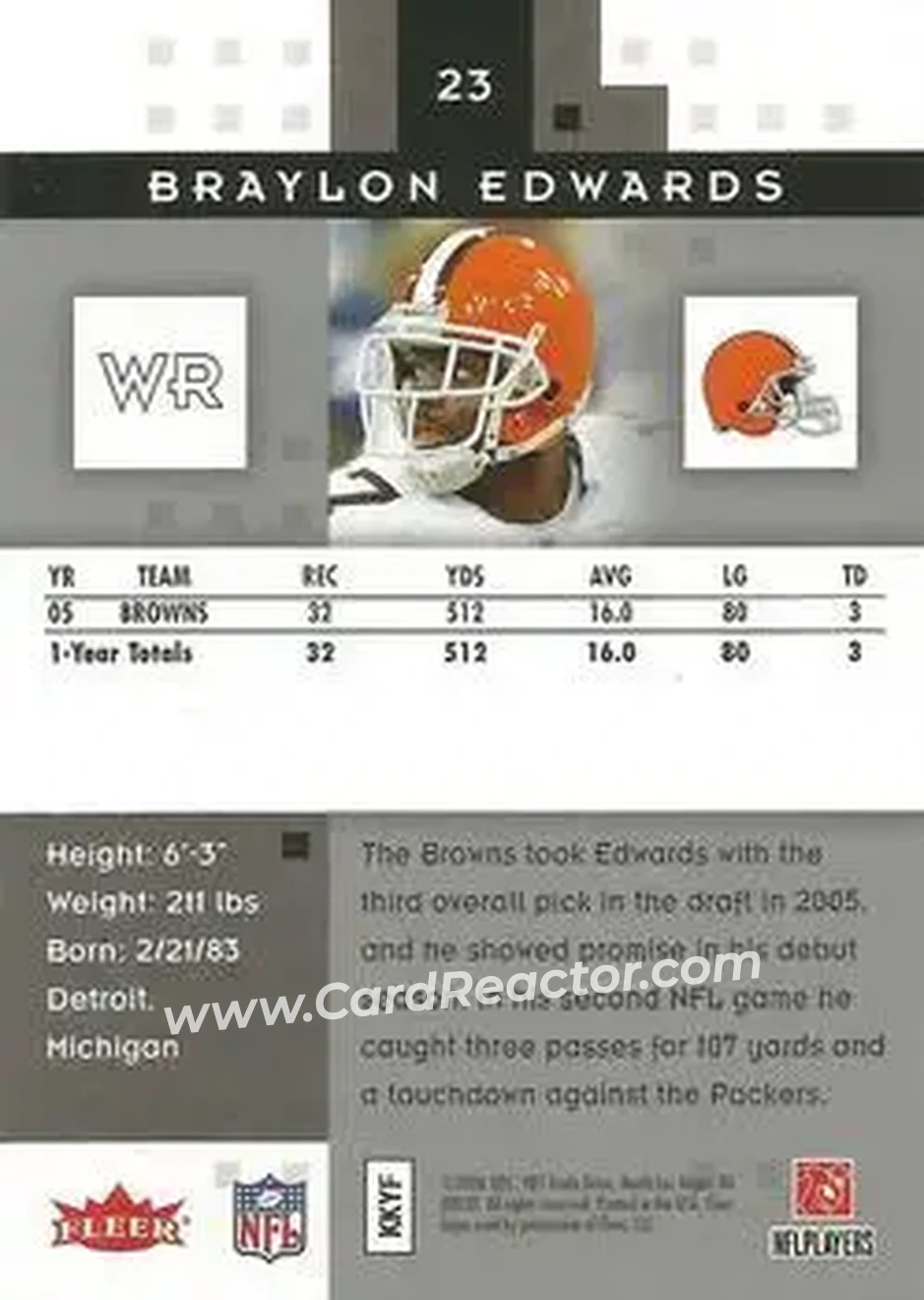2006 Fleer Hot Prospects #23 - Braylon Edwards - Cleveland Browns - Back