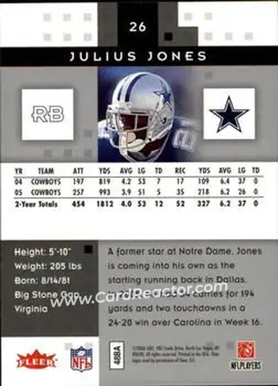 2006 Fleer Hot Prospects #26 - Julius Jones - Dallas Cowboys - Back