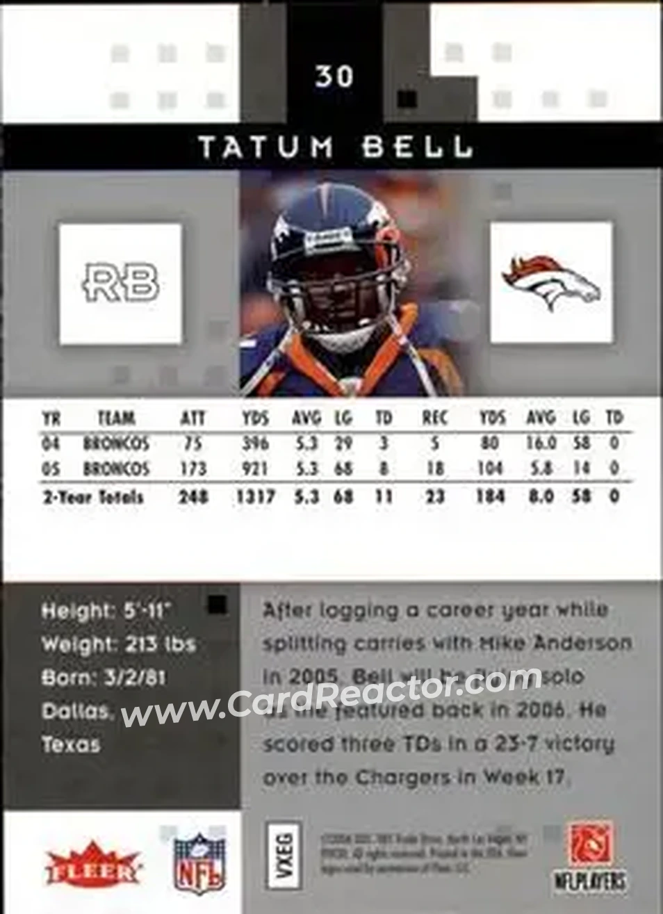 2006 Fleer Hot Prospects #30 - Tatum Bell - Denver Broncos - Back