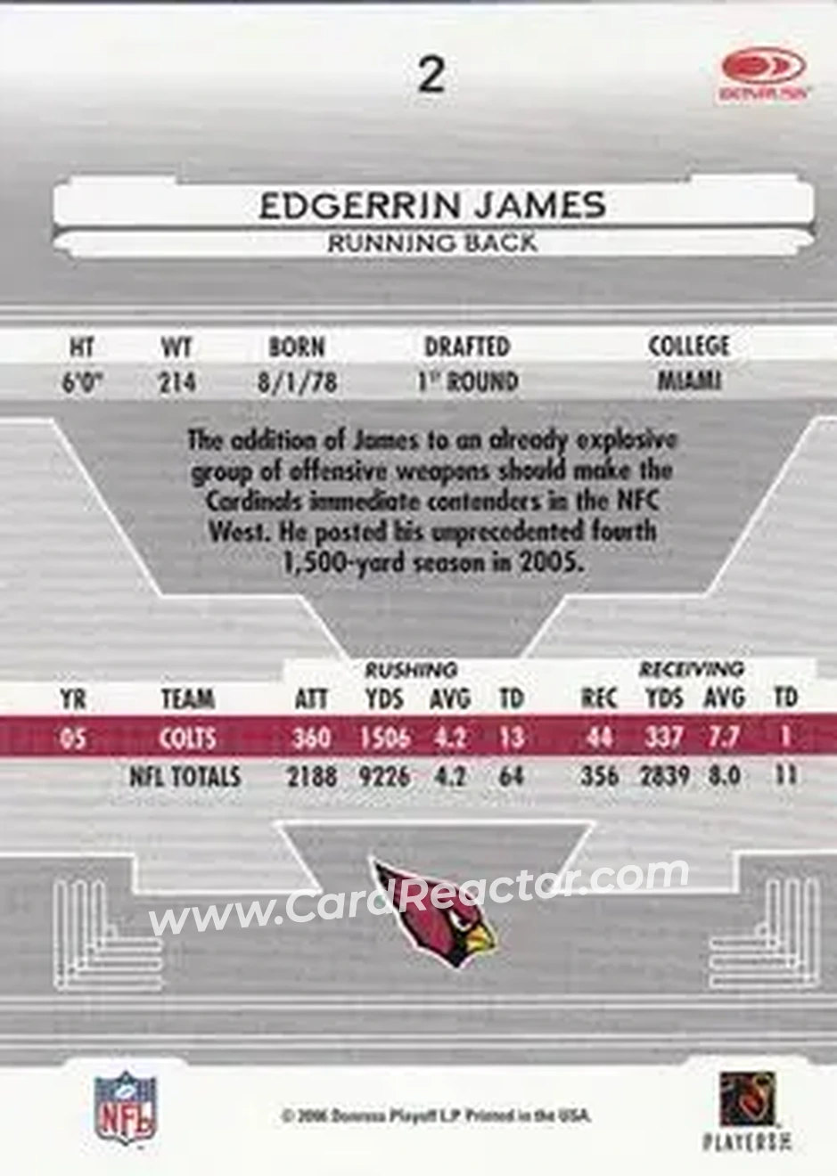 2006 Leaf Certified Materials #2 - Edgerrin James - Arizona Cardinals - Back