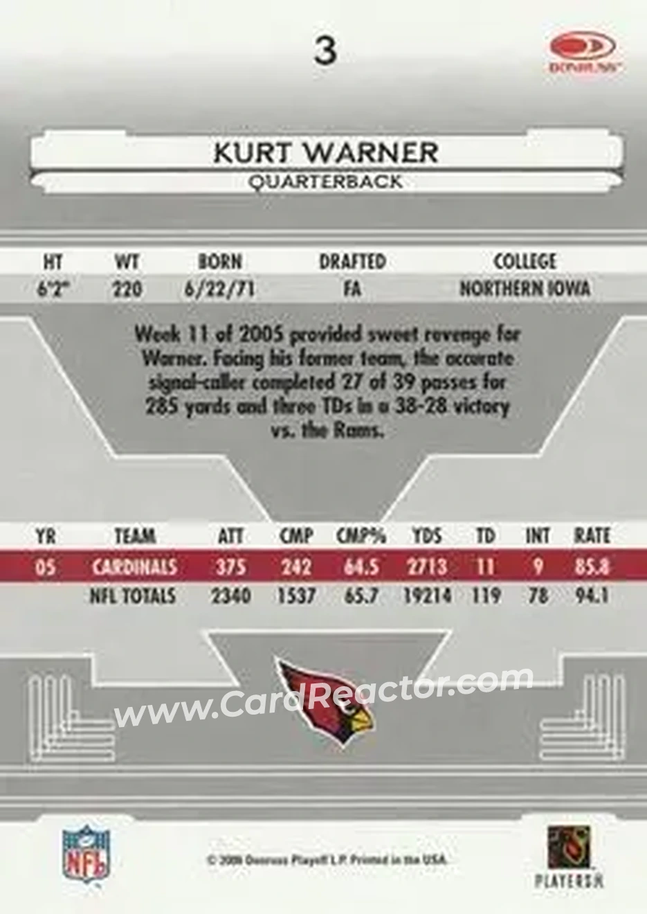 2006 Leaf Certified Materials #3 - Kurt Warner - Arizona Cardinals - Back 2006 Leaf Certified Materials #3 - Kurt Warner - Arizona Cardinals - Back