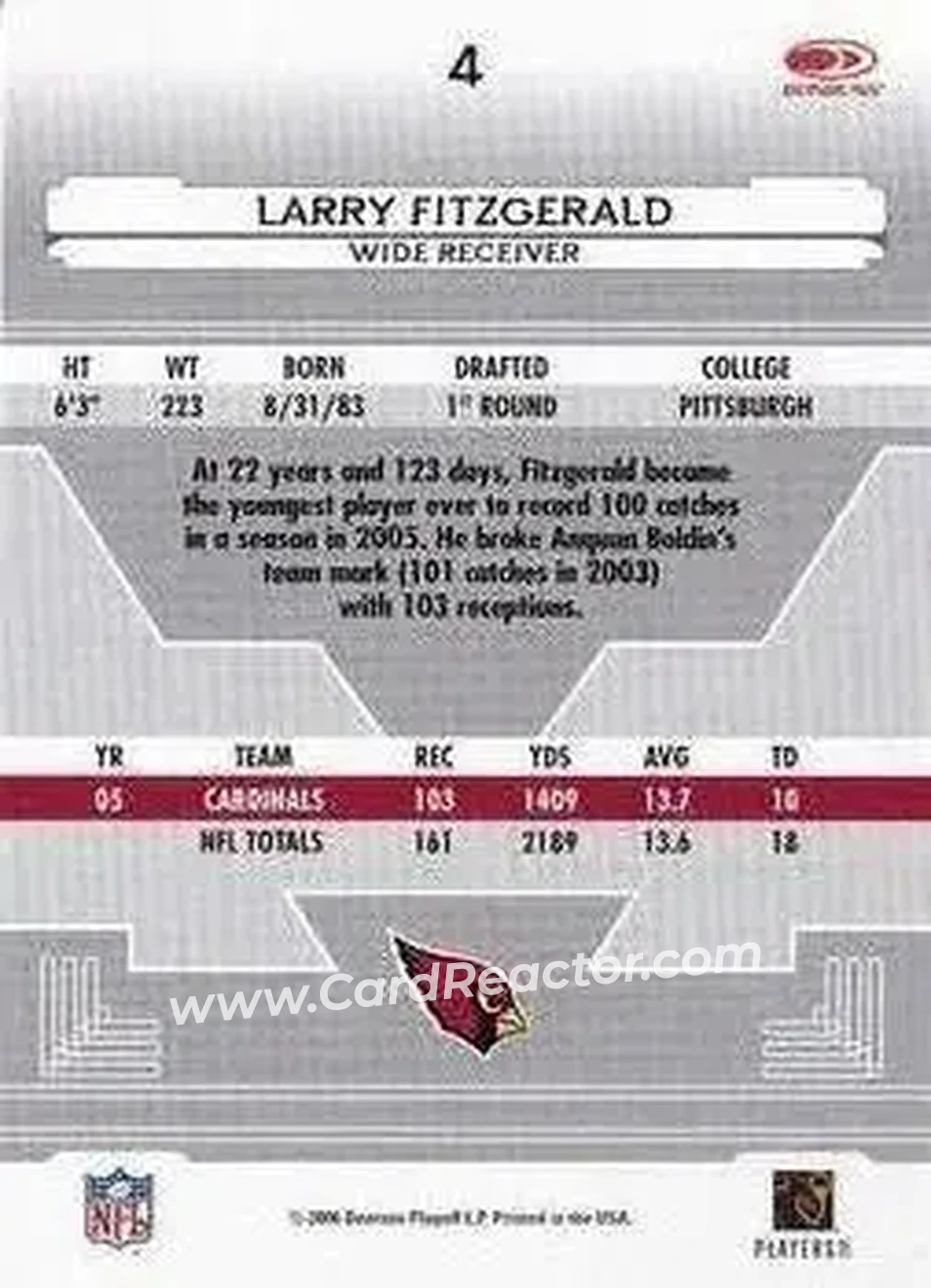 2006 Leaf Certified Materials #4 - Larry Fitzgerald - Arizona Cardinals - Back 2006 Leaf Certified Materials #4 - Larry Fitzgerald - Arizona Cardinals - Back