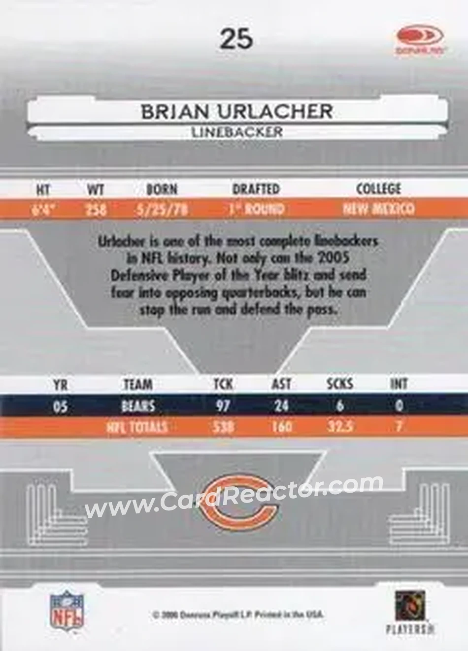 2006 Leaf Certified Materials #25 - Brian Urlacher - Chicago Bears - Back