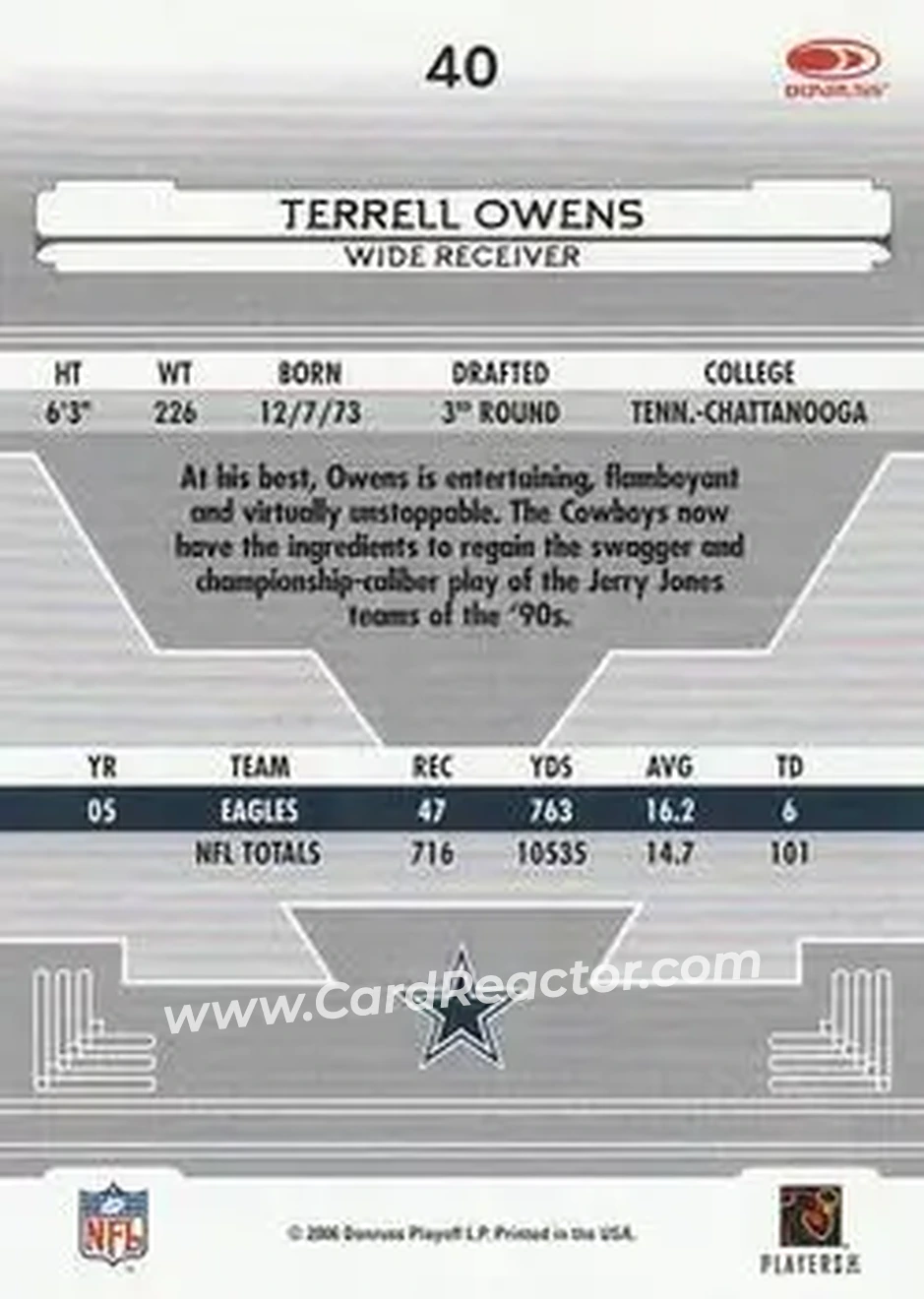 2006 Leaf Certified Materials #40 - Terrell Owens - Dallas Cowboys - Back 2006 Leaf Certified Materials #40 - Terrell Owens - Dallas Cowboys - Back