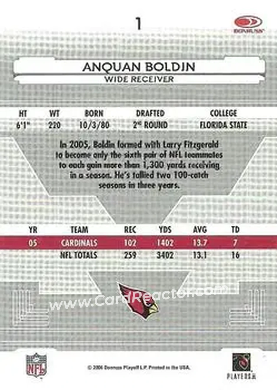 2006 Leaf Certified Materials #1 - Anquan Boldin - Arizona Cardinals - Back