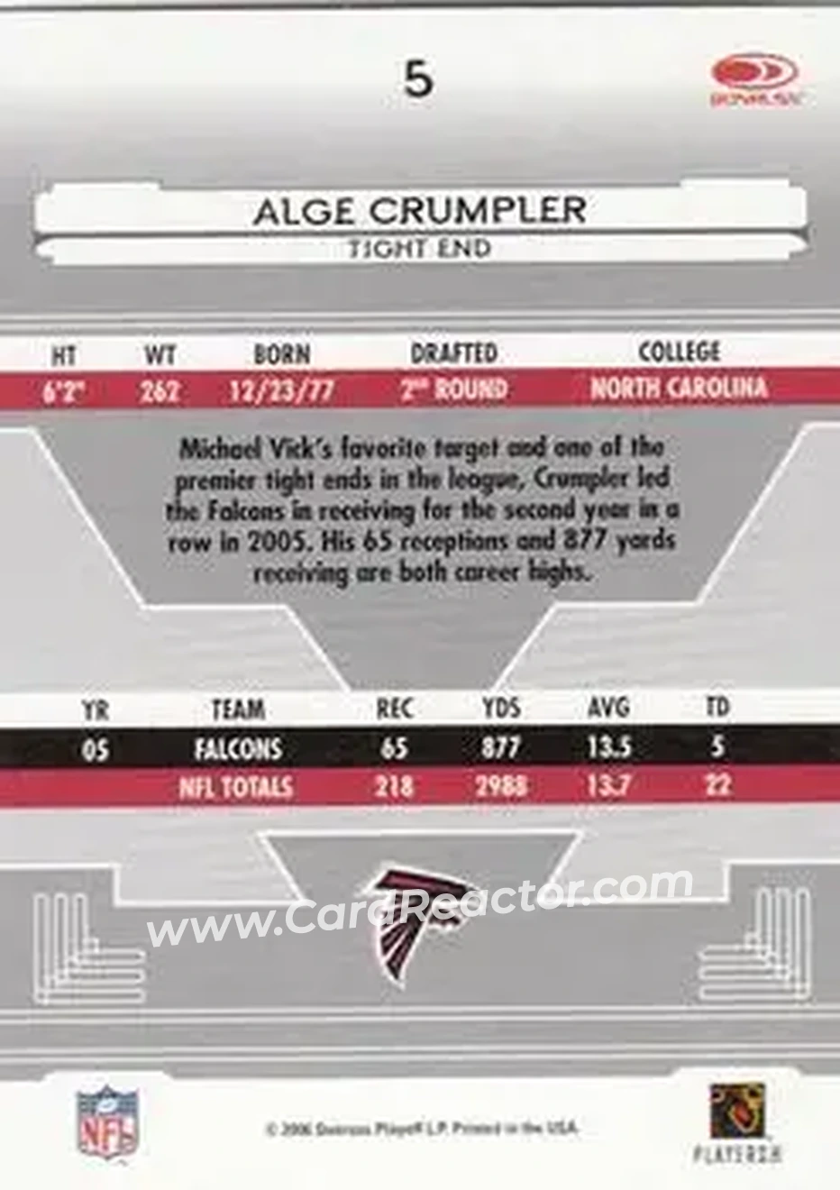 2006 Leaf Certified Materials #5 - Alge Crumpler - Atlanta Falcons - Back 2006 Leaf Certified Materials #5 - Alge Crumpler - Atlanta Falcons - Back