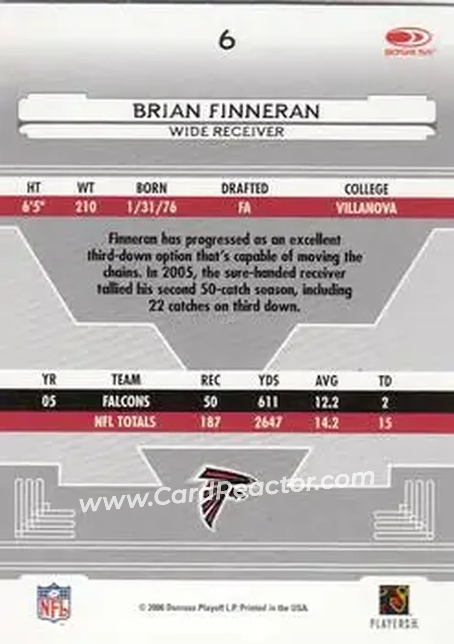 2006 Leaf Certified Materials #6 - Brian Finneran - Atlanta Falcons - Back 2006 Leaf Certified Materials #6 - Brian Finneran - Atlanta Falcons - Back