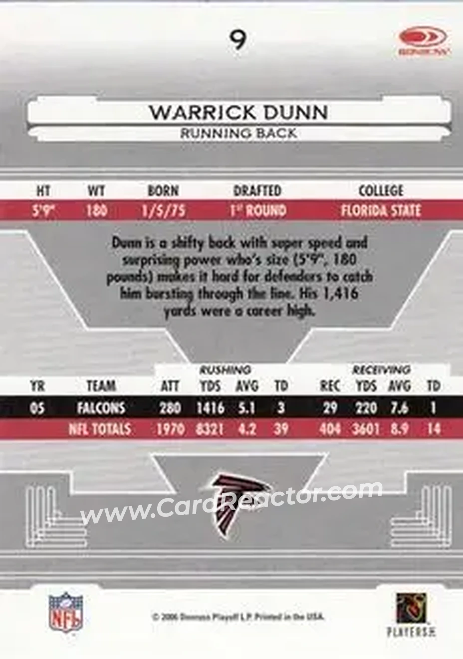 2006 Leaf Certified Materials #9 - Warrick Dunn - Atlanta Falcons - Back