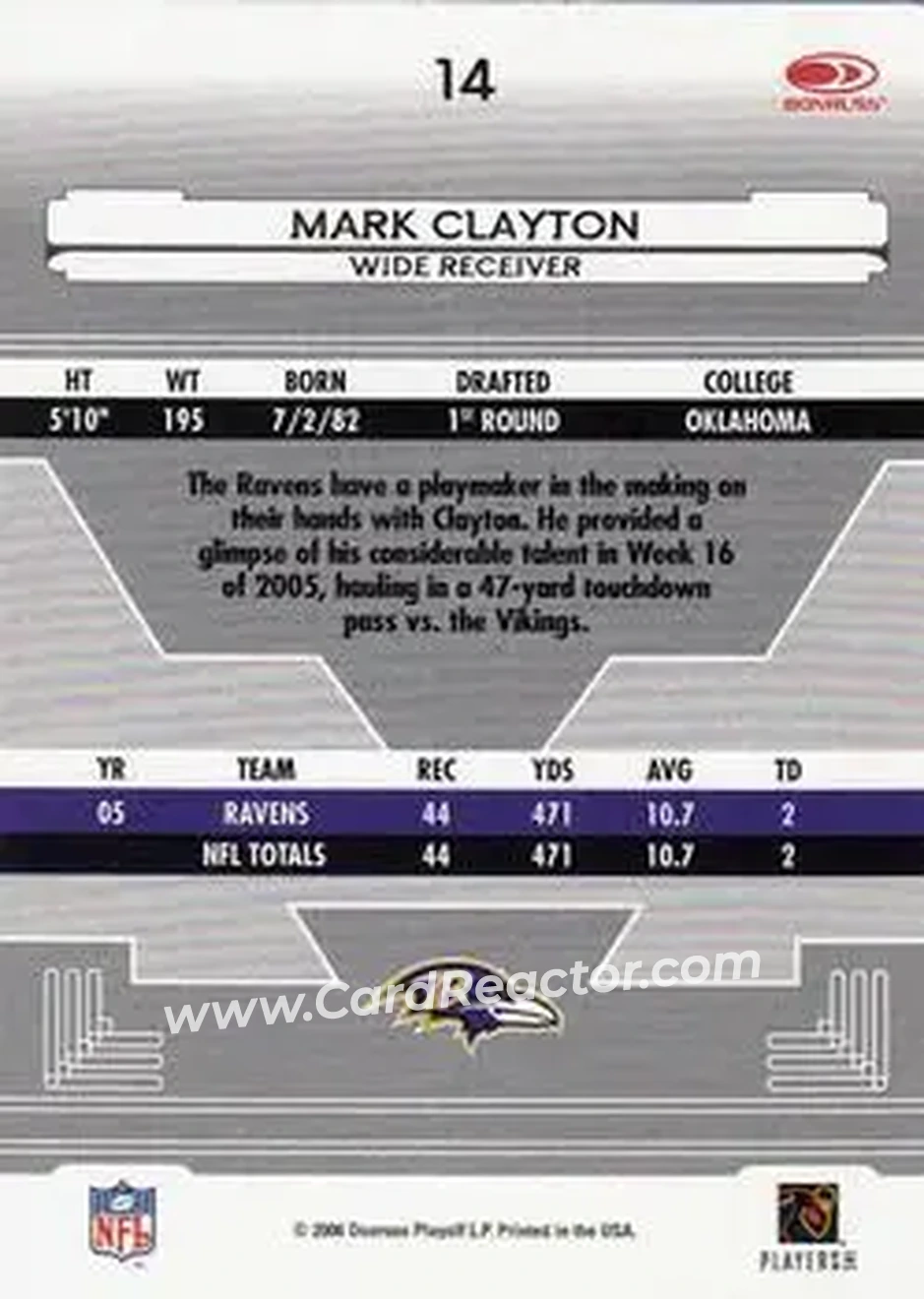 2006 Leaf Certified Materials #14 - Mark Clayton - Baltimore Ravens - Back