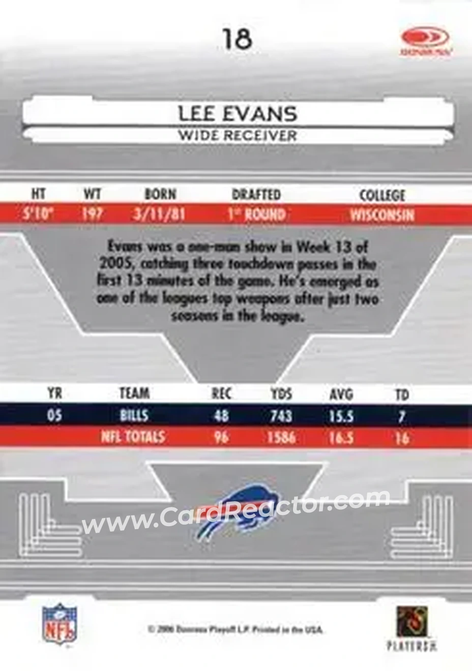 2006 Leaf Certified Materials #18 - Lee Evans - Buffalo Bills - Back