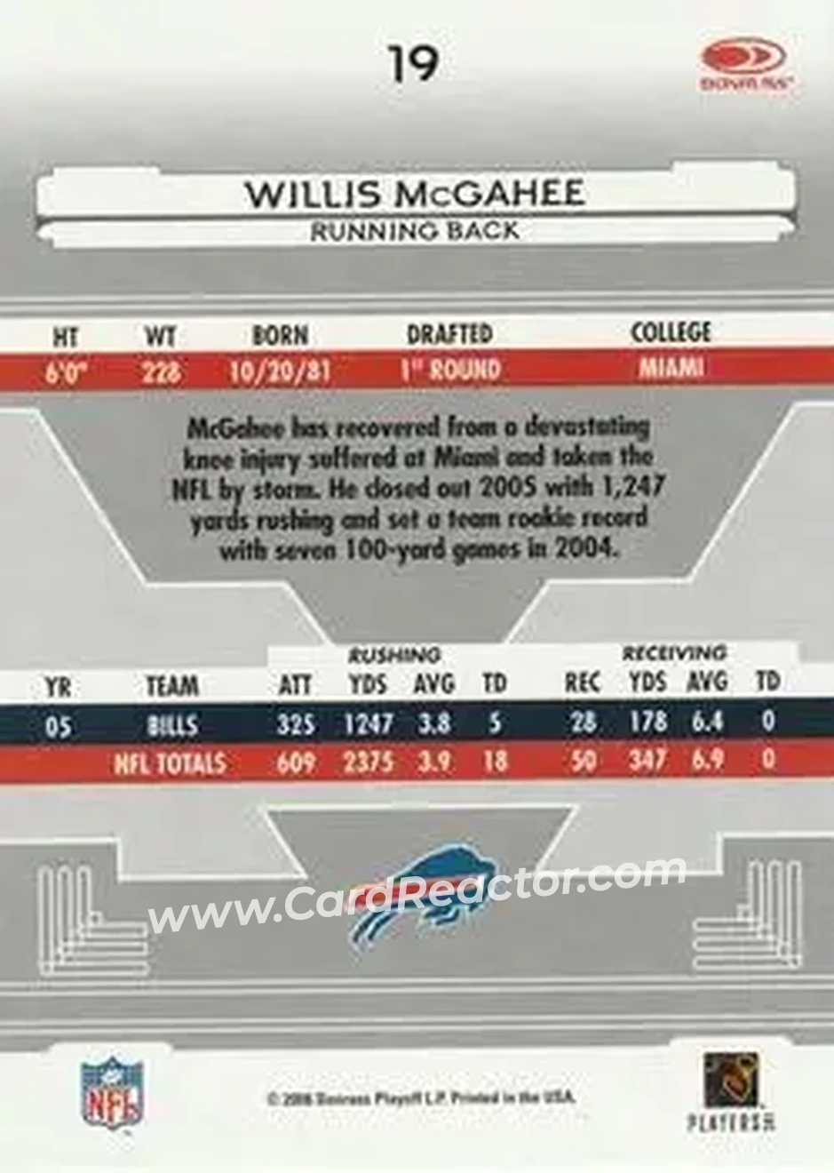 2006 Leaf Certified Materials #19 - Willis McGahee - Buffalo Bills - Back 2006 Leaf Certified Materials #19 - Willis McGahee - Buffalo Bills - Back