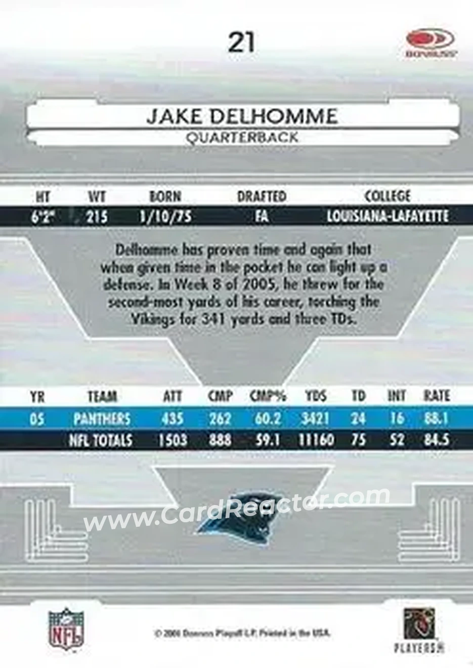 2006 Leaf Certified Materials #21 - Jake Delhomme - Carolina Panthers - Back 2006 Leaf Certified Materials #21 - Jake Delhomme - Carolina Panthers - Back