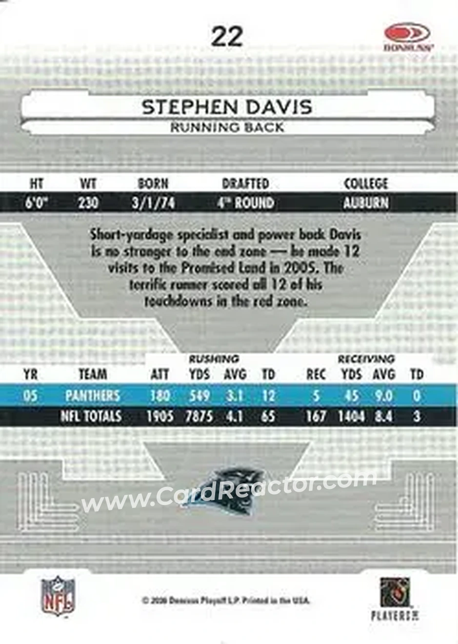 2006 Leaf Certified Materials #22 - Stephen Davis - Carolina Panthers - Back 2006 Leaf Certified Materials #22 - Stephen Davis - Carolina Panthers - Back
