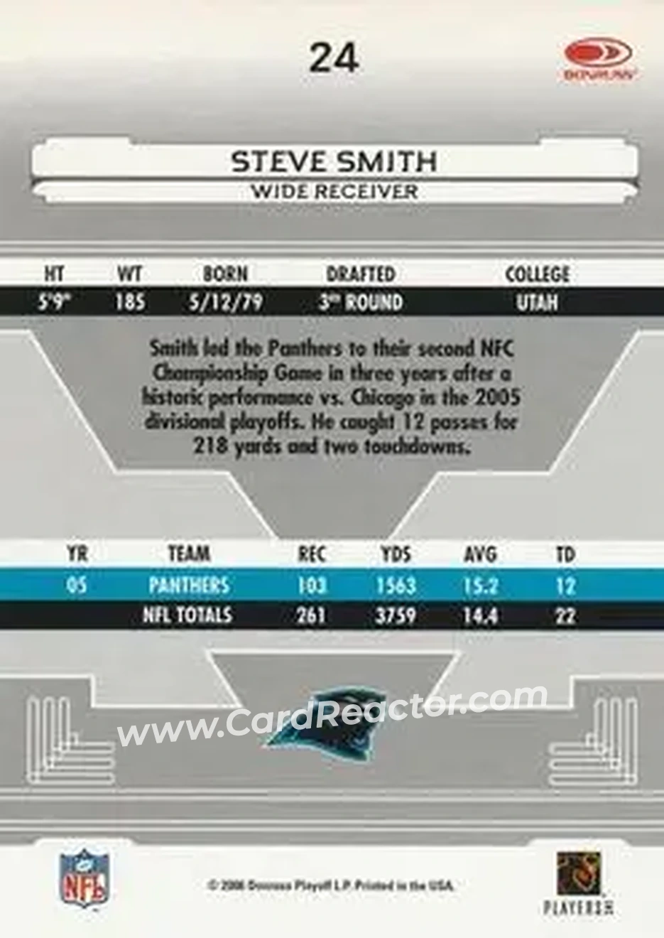 2006 Leaf Certified Materials #24 - Steve Smith Sr. - Carolina Panthers - Back 2006 Leaf Certified Materials #24 - Steve Smith Sr. - Carolina Panthers - Back