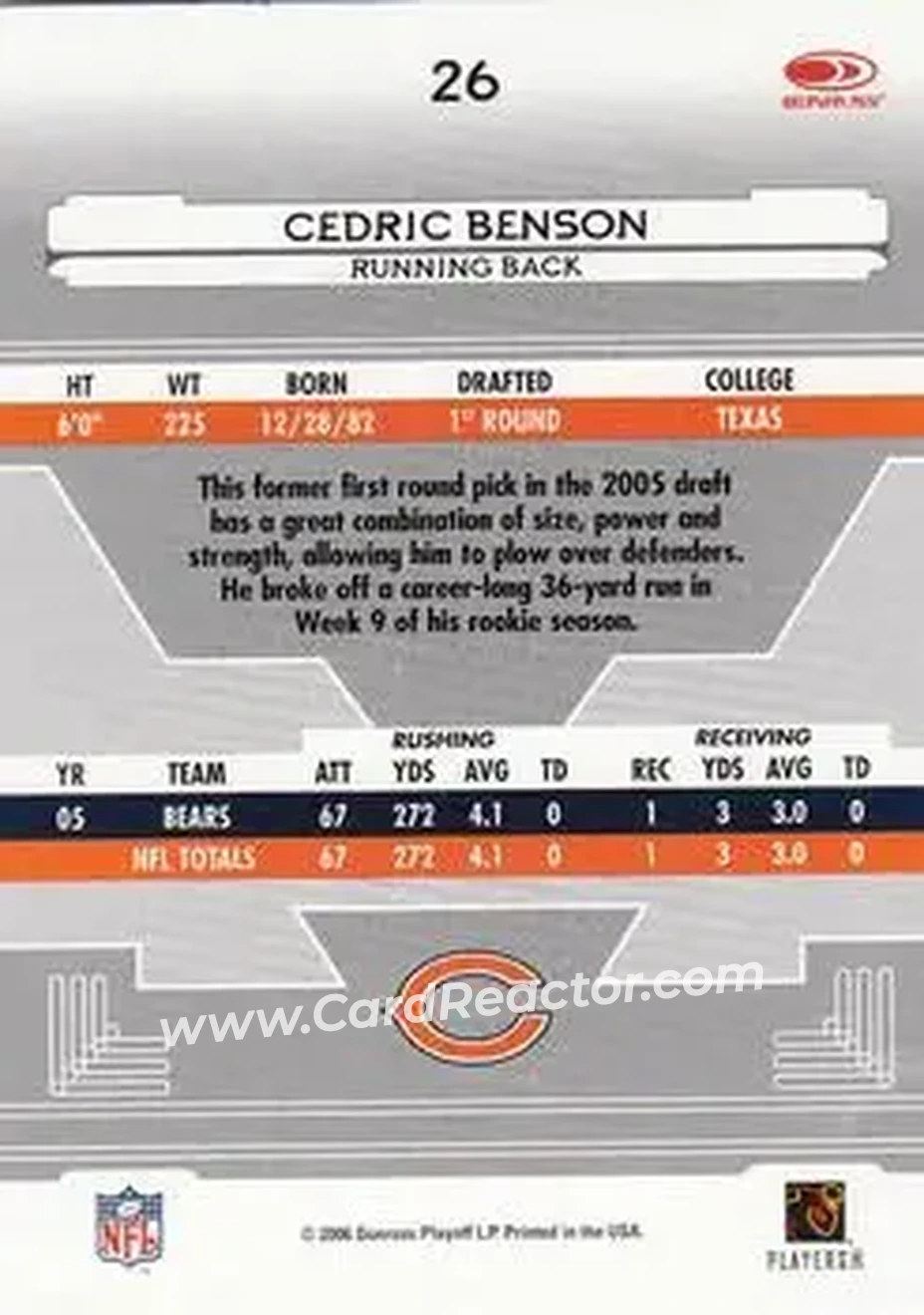 2006 Leaf Certified Materials #26 - Cedric Benson - Chicago Bears - Back