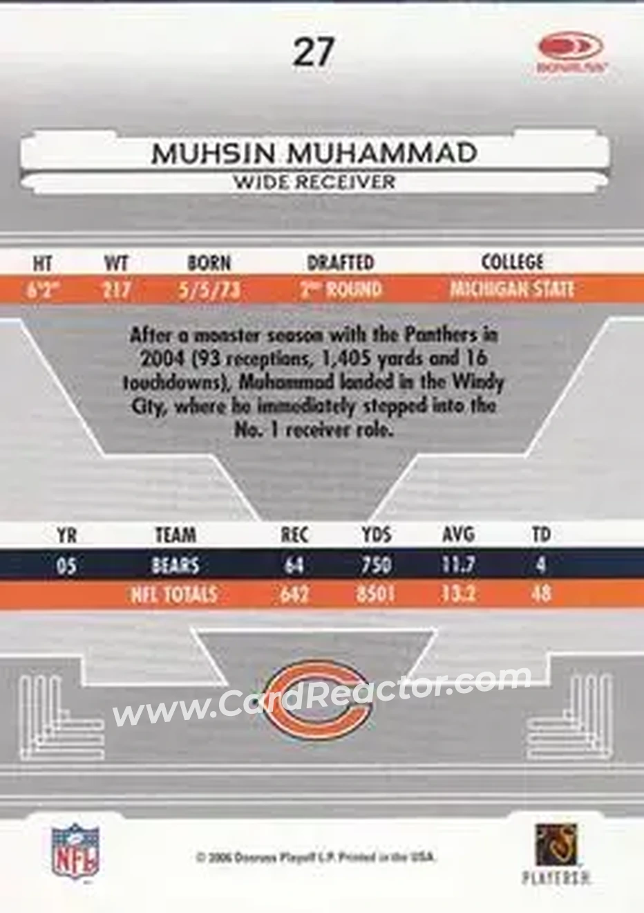 2006 Leaf Certified Materials #27 - Muhsin Muhammad - Chicago Bears - Back 2006 Leaf Certified Materials #27 - Muhsin Muhammad - Chicago Bears - Back