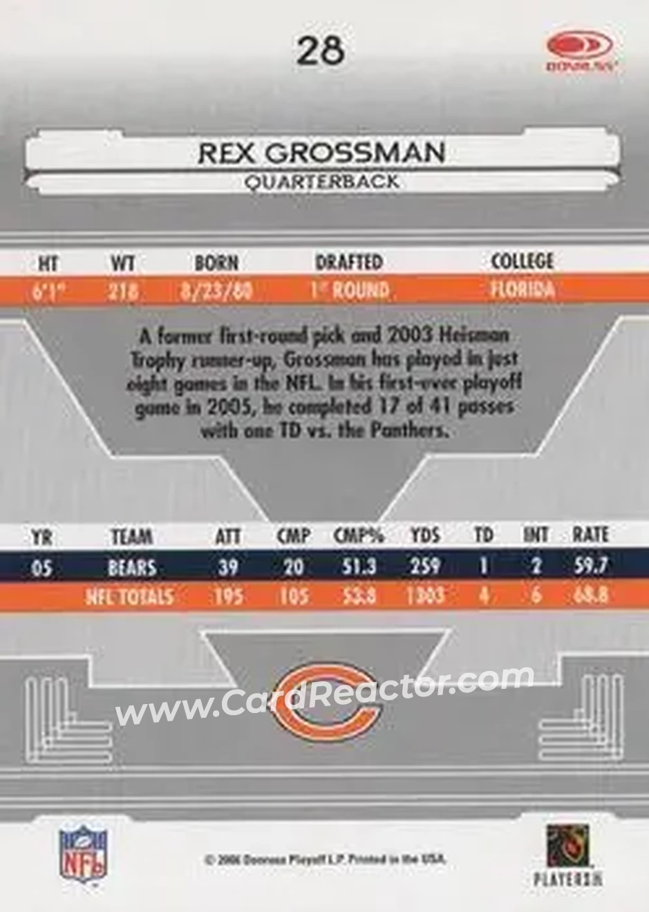 2006 Leaf Certified Materials #28 - Rex Grossman - Chicago Bears - Back