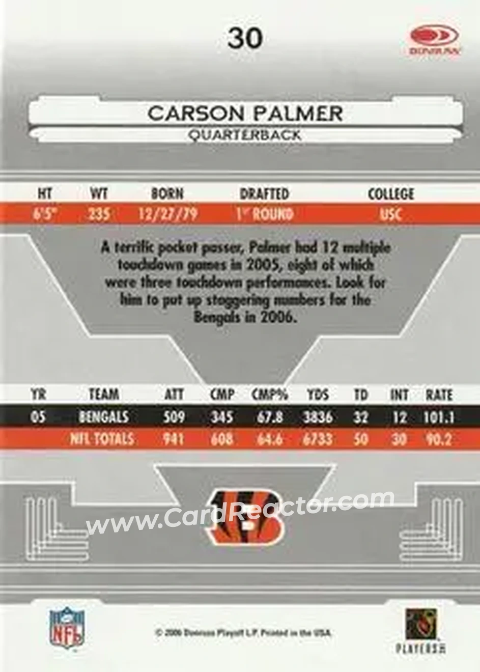 2006 Leaf Certified Materials #30 - Carson Palmer - Cincinnati Bengals - Back 2006 Leaf Certified Materials #30 - Carson Palmer - Cincinnati Bengals - Back