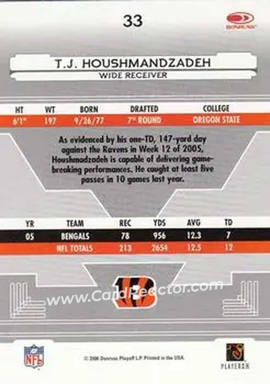 2006 Leaf Certified Materials #33 - T.J. Houshmandzadeh - Cincinnati Bengals - Back 2006 Leaf Certified Materials #33 - T.J. Houshmandzadeh - Cincinnati Bengals - Back