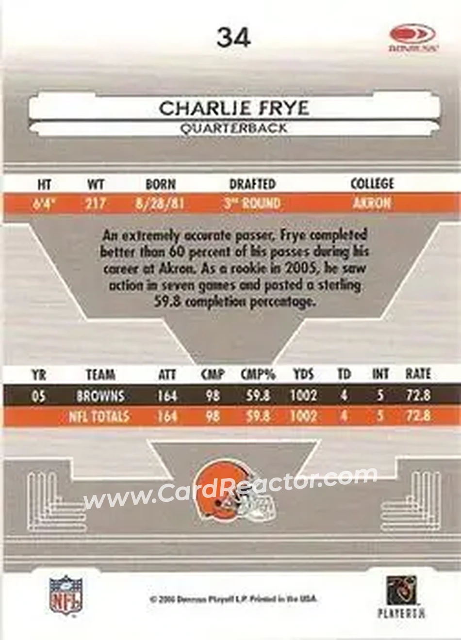 2006 Leaf Certified Materials #34 - Charlie Frye - Cleveland Browns - Back 2006 Leaf Certified Materials #34 - Charlie Frye - Cleveland Browns - Back