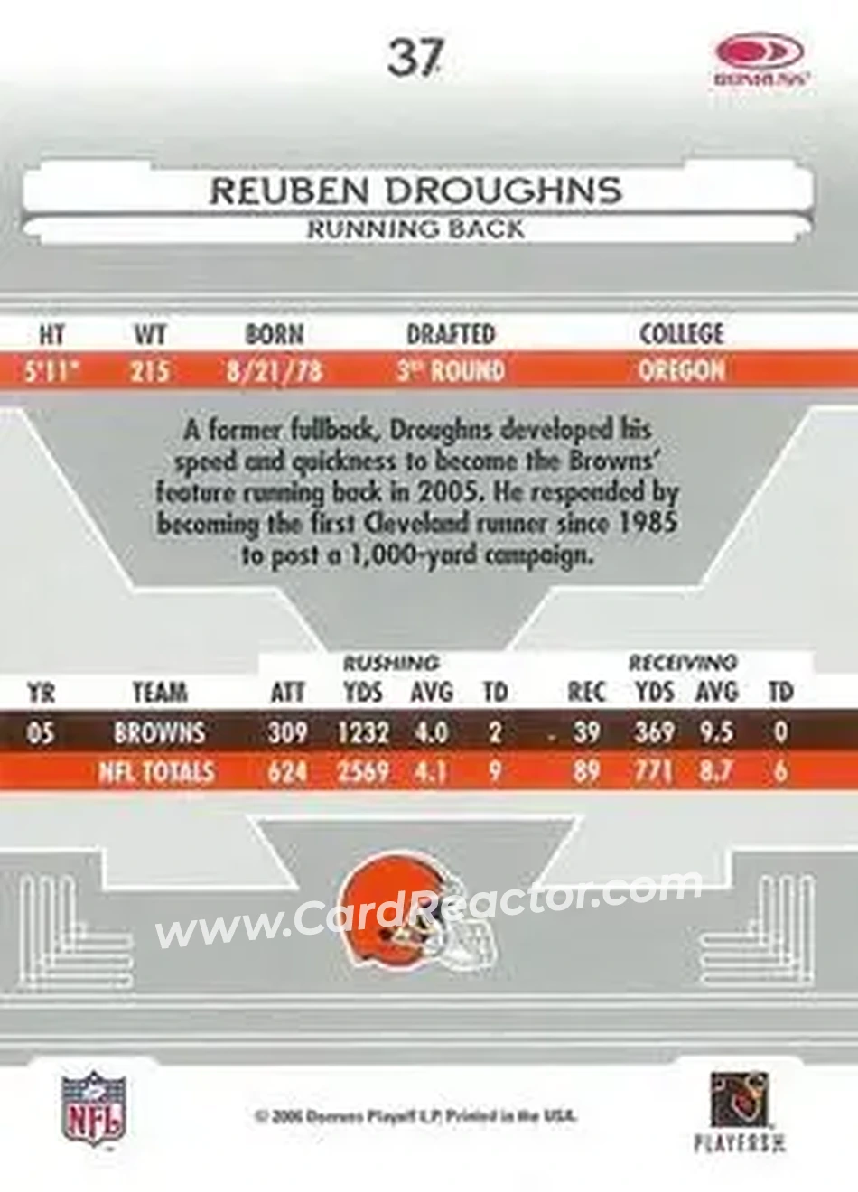 2006 Leaf Certified Materials #37 - Reuben Droughns - Cleveland Browns - Back 2006 Leaf Certified Materials #37 - Reuben Droughns - Cleveland Browns - Back
