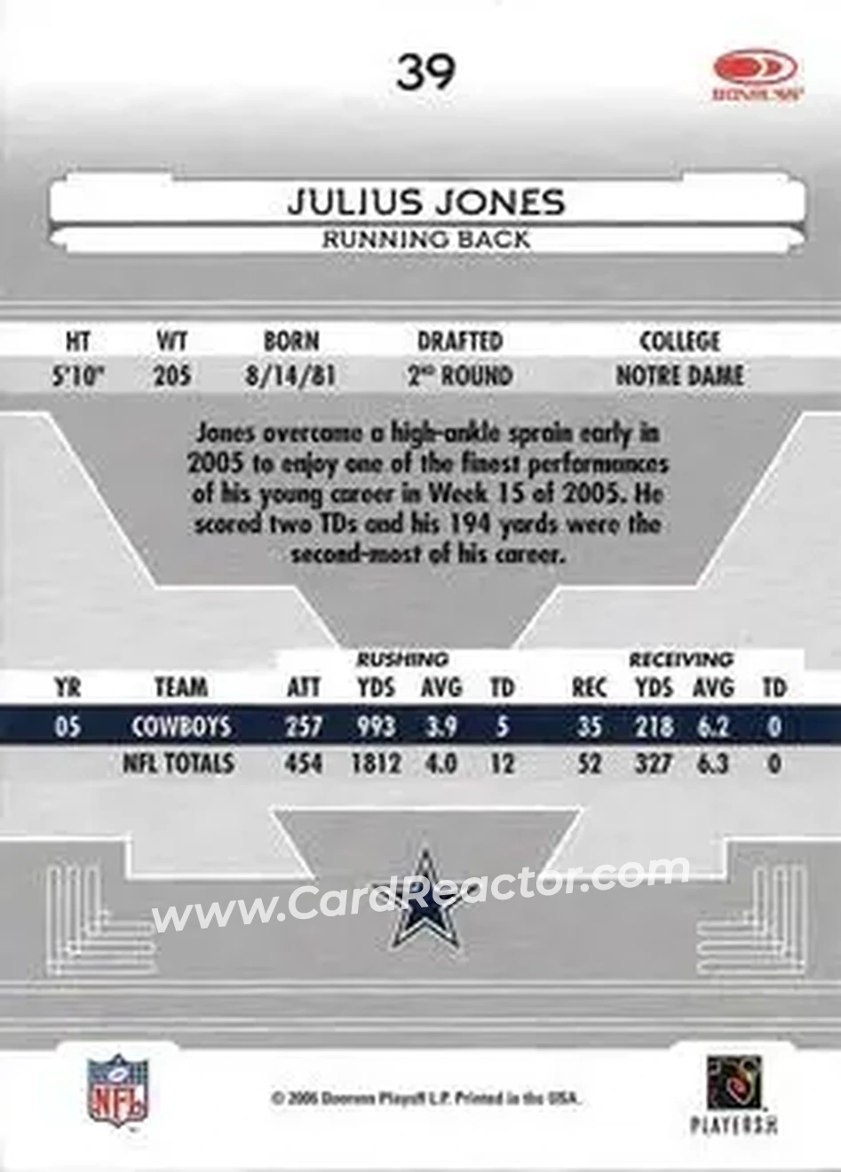 2006 Leaf Certified Materials #39 - Julius Jones - Dallas Cowboys - Back