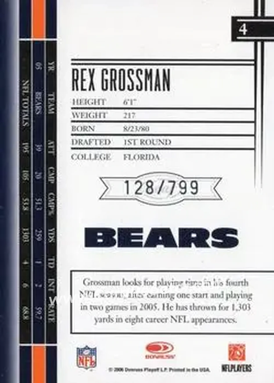 2006 Leaf Limited #4 - Rex Grossman - Chicago Bears - Back