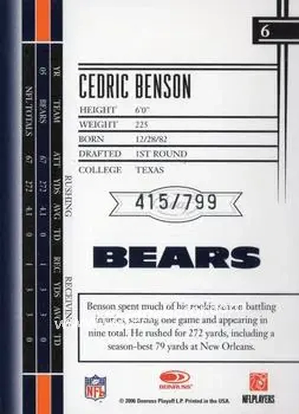 2006 Leaf Limited #6 - Cedric Benson - Chicago Bears - Back